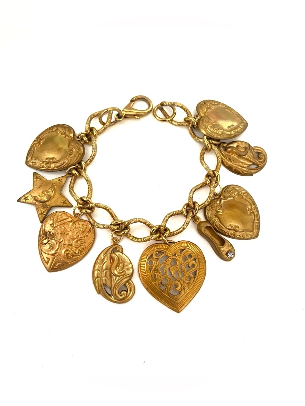 Vintage Brass Hearts Charm Bracelet